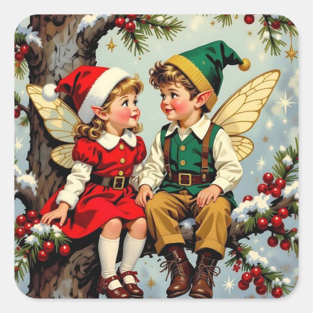 Adesivo Quadrado Cute Vintage Elven Fairy Children Christmas (Frente)