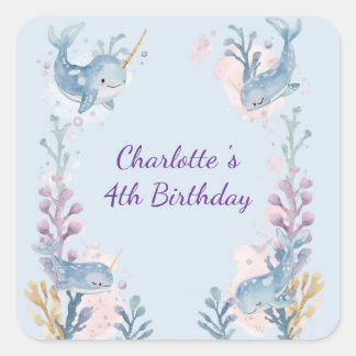 Adesivo Quadrado Cute Watercolor Narwhal Whale fish Seamless Sea 