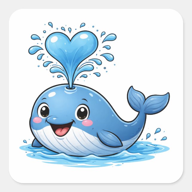Adesivo Quadrado Cute Whale Heart Water Cartoon Art Sticker (Frente)