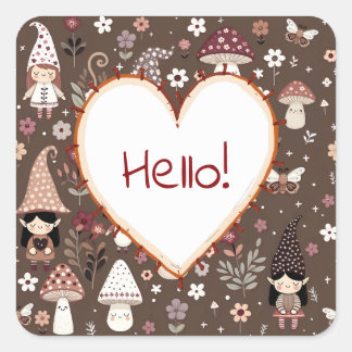 Adesivo Quadrado Cute Whimsical Fair Gnomes and Mushrooms Hello 