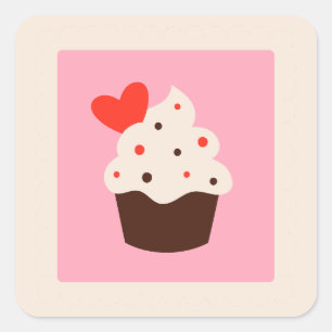 Adesivo Quadrado Cute Whimsical Red Heart Cupcake Dia dos Namorados