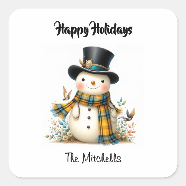 Adesivo Quadrado Cute Whimsical Snowman Square Sticker (Frente)