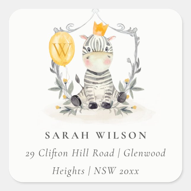 Adesivo Quadrado Cute Yellow Baby Zebra Foliage Endereço Balão (Frente)