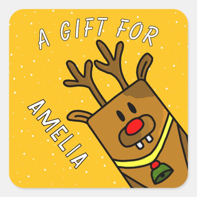 Adesivo Quadrado Cute Yellow Reindeer Kid`s Name Christmas Gift (Frente)