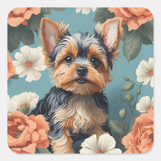 Adesivo Quadrado Cute Yorkshire Terrier Puppy Floral (Frente)