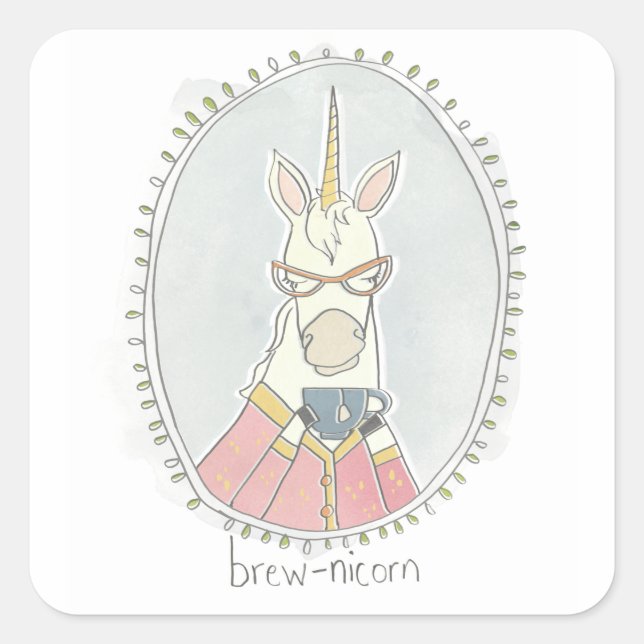 Adesivo Quadrado Cutie cafeinado | Brew Unicorn (Frente)