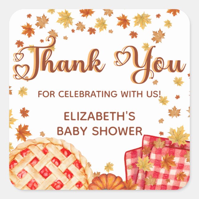 Adesivo Quadrado Cutie Pie Pumpkin Fall Baby Shower Thank You (Frente)