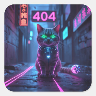 Adesivo Quadrado Cyberpunk 404 Error Neon Cat Sticker