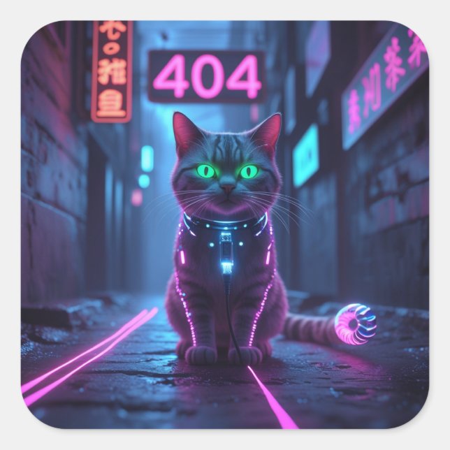 Adesivo Quadrado Cyberpunk 404 Error Neon Cat Sticker (Frente)