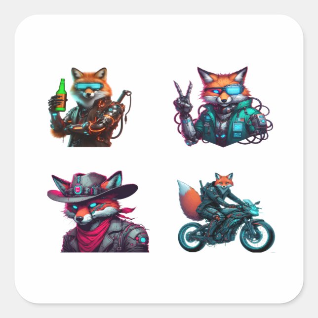 Adesivo Quadrado Cyberpunk Fox Funny 4 Pack Stickers (Frente)