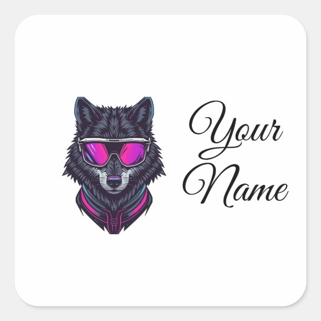Adesivo Quadrado Cyberpunk Wolf Neon Art Personalizable Name Mug -  (Frente)