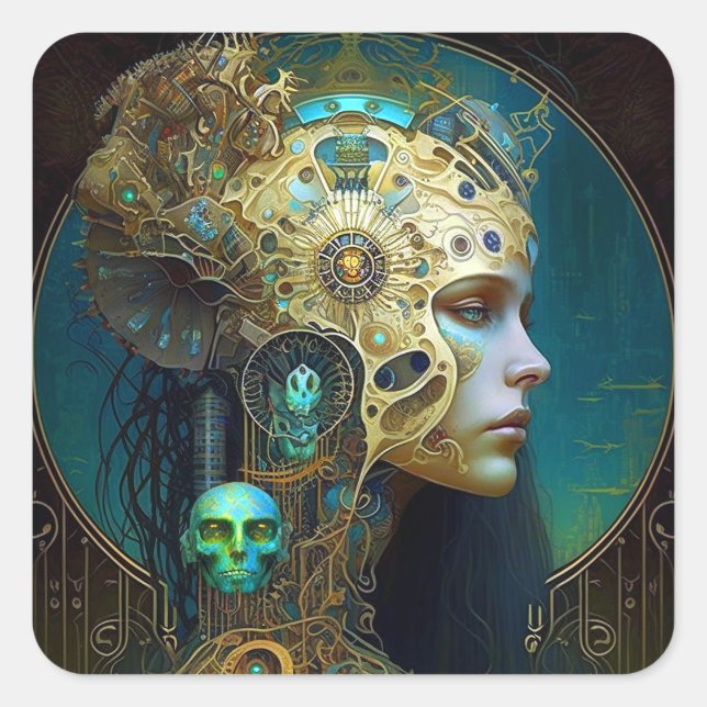 Adesivo Quadrado Cyborg Fantasy WebFi Art Square Sticker (Frente)
