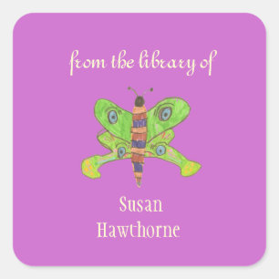 Adesivo Quadrado "Da biblioteca de" borboleta bookplates personaliz