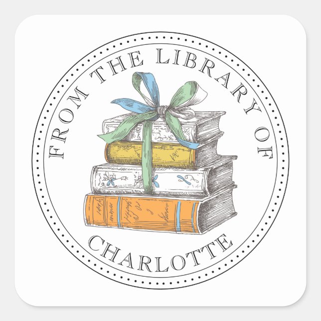 Adesivo Quadrado Da Biblioteca De Ex-Libris Ilustrado (Frente)