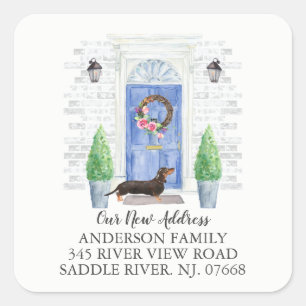 Adesivo Quadrado Dachshund Blue Door New Address Label Sticker