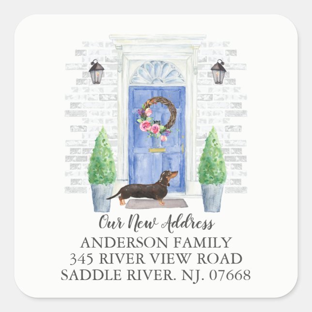 Adesivo Quadrado Dachshund Blue Door New Address Label Sticker (Frente)