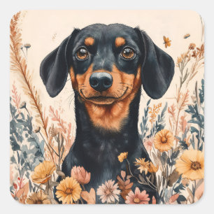 Adesivo Quadrado Dachshund Bonito com Pintura de Flores Selvagens