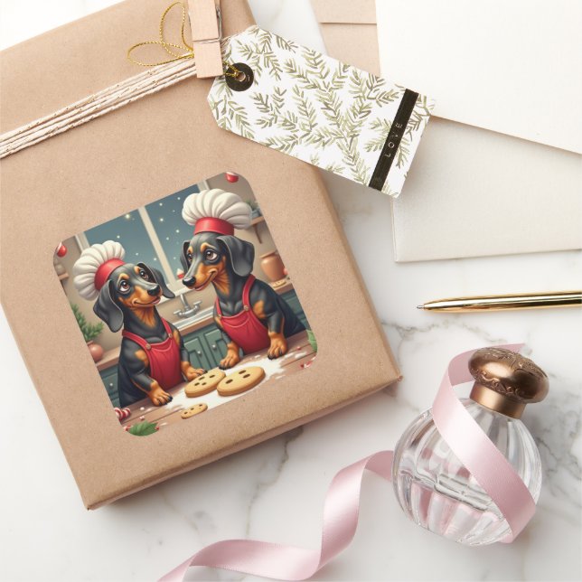 Adesivo Quadrado Dachshund Christmas Cookie Bakers Holiday Painting (Presentear)