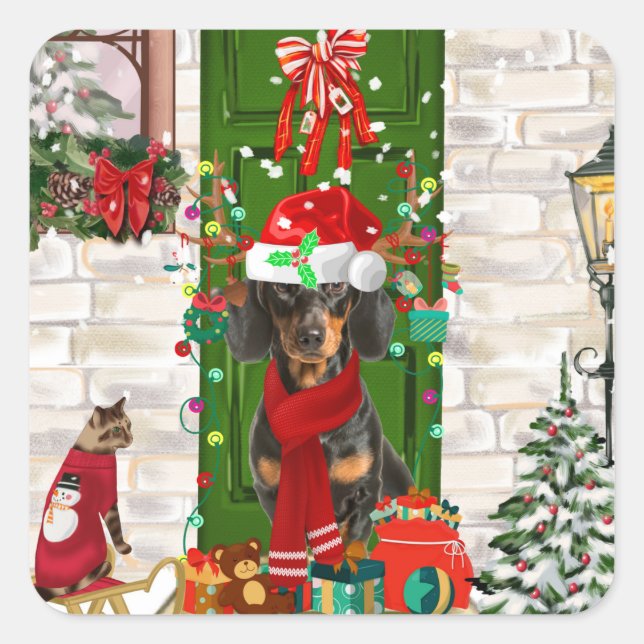 Adesivo Quadrado Dachshund Dog Christmas (Frente)