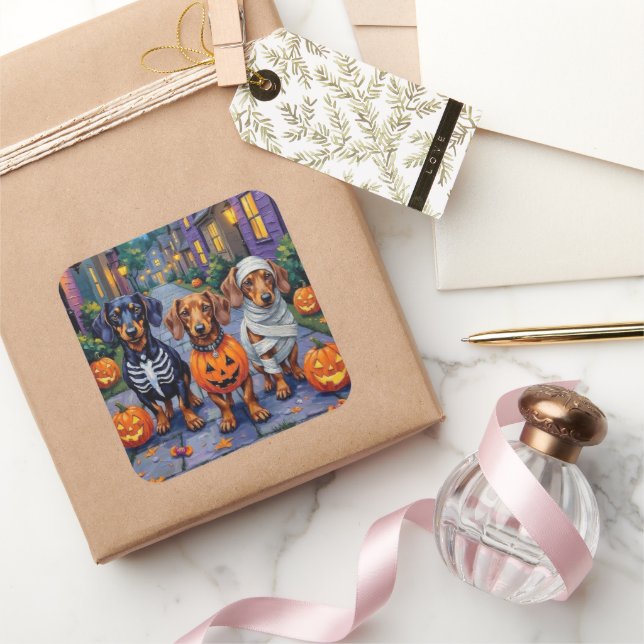 Adesivo Quadrado Dachshund Dogs Trick-or-Tratating in Halloween (Presentear)