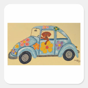 Adesivo Quadrado Dachshund em carro hippie