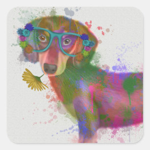 Adesivo Quadrado Dachshund & Glass Rainbow Splash