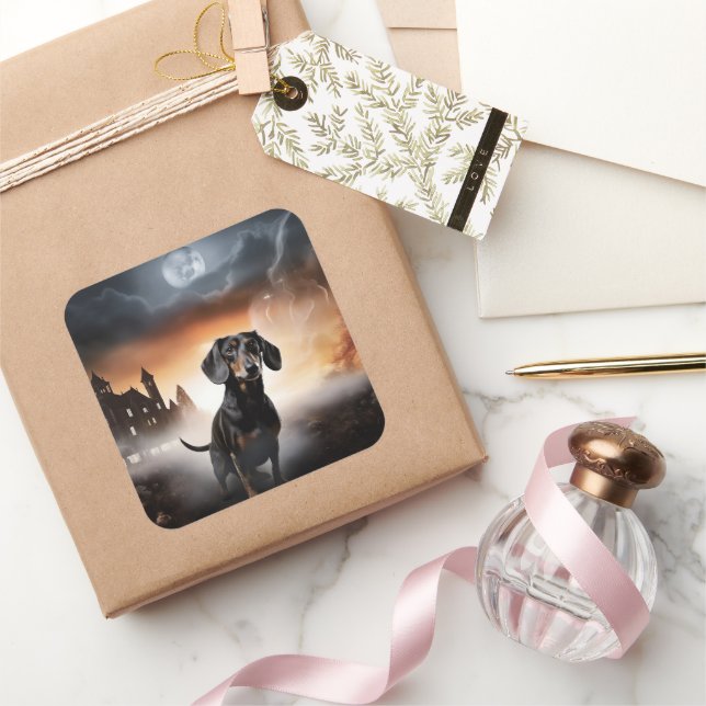 Adesivo Quadrado Dachshund Halloween Scary (Presentear)