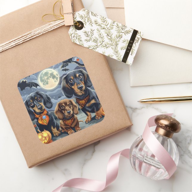 Adesivo Quadrado Dachshund Halloween Spooky (Presentear)