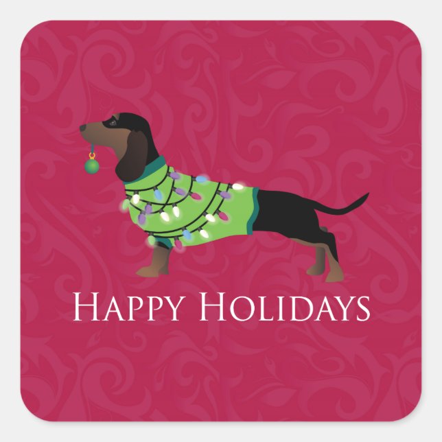 Adesivo Quadrado Dachshund Happy Holidays Design (Frente)