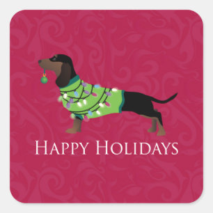 Adesivo Quadrado Dachshund Happy Holidays Design