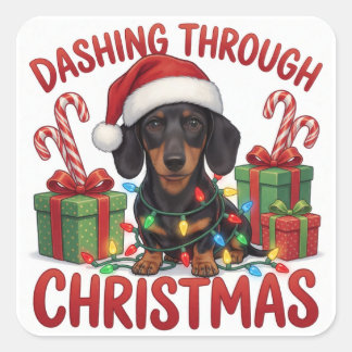 Adesivo Quadrado Dachshund Natal Luzes de Festa Alegria Festiva