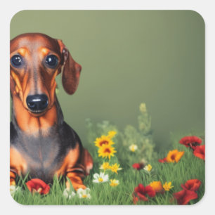Adesivo Quadrado Dachshund no campo de autocolante de flores