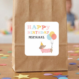 Adesivo Quadrado Dachshund Personalizado Feliz Aniversário