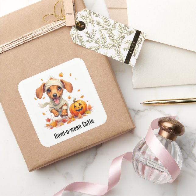 Adesivo Quadrado Dachshund Puppy Mummy Halloween Watercolor (Presentear)