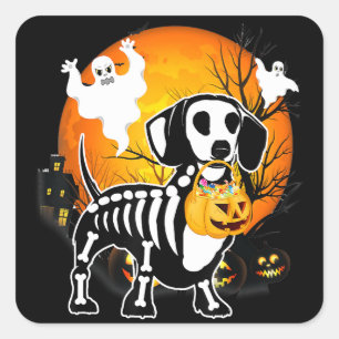 Adesivo Quadrado Dachshund Skeleton Halloween Feliz Presente de Ab