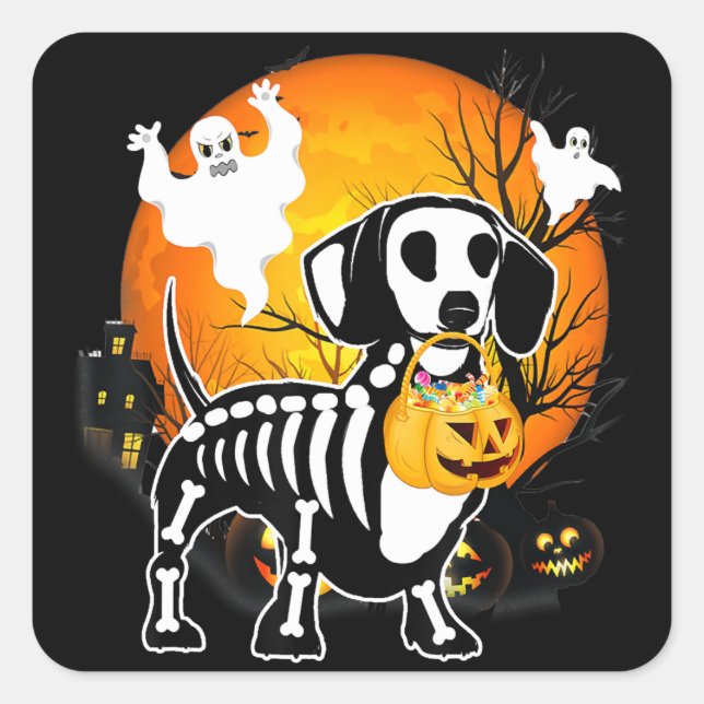 Adesivo Quadrado Dachshund Skeleton Halloween Happy Pumpkin Gift (Frente)