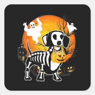 Adesivo Quadrado Dachshund Skeleton Halloween Happy Pumpkin Gift