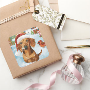 Adesivo Quadrado Dachshund Winter Wonderland Natal Joy