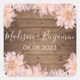 Adesivo Quadrado Dahlia Rosa Flor Rustic Wood Date De Casamento