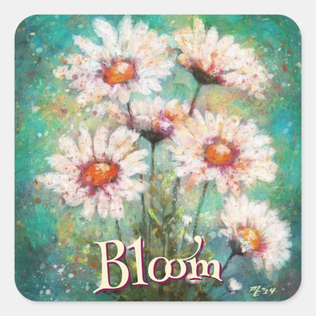 Adesivo Quadrado Daisies Impressionistic Floral Teal Personalized (Frente)