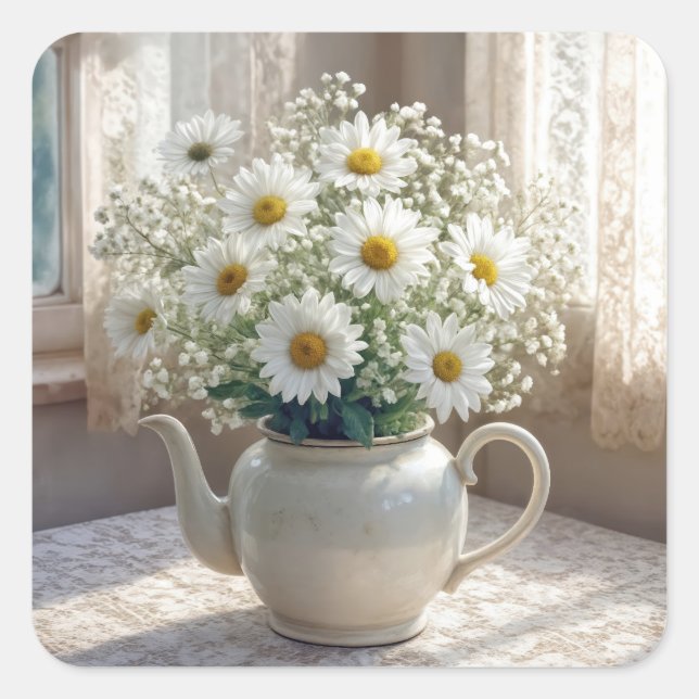 Adesivo Quadrado Daisy Bouquet in an Antique Teapot (Frente)