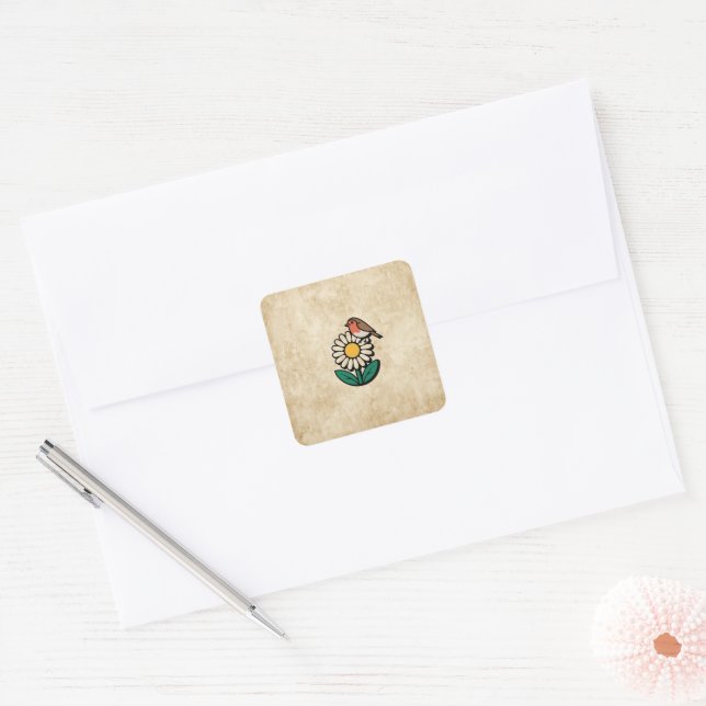 Adesivo Quadrado Daisy e Bird Design (Envelope)