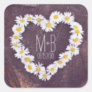 Adesivo Quadrado Daisy Heart Rustic Custom Wedding Favor Stickers