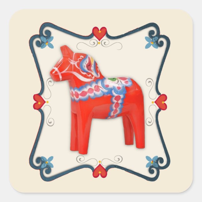 Adesivo Quadrado Dala Horse Folk Art em Sueco (Frente)