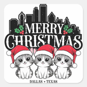 Adesivo Quadrado Dallas City Texas Merry Christmas Cats USA