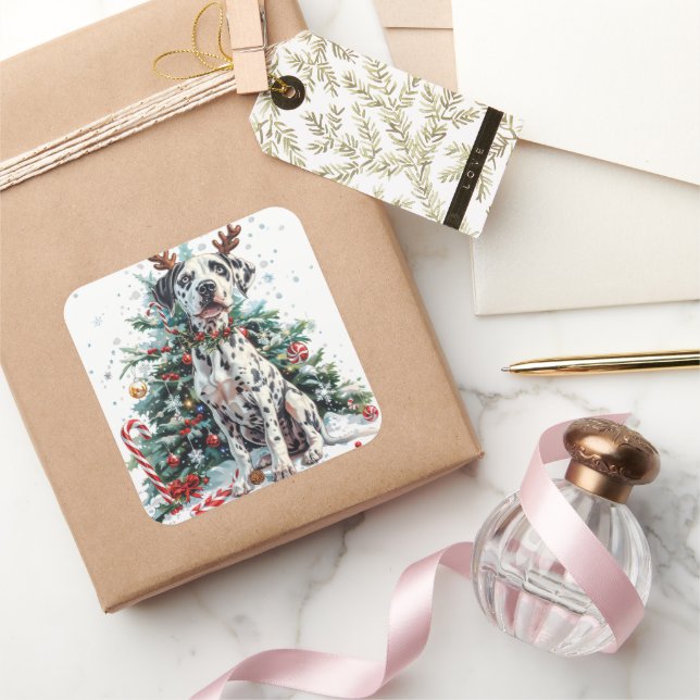 Adesivo Quadrado Dalmaciano com Reindeer Antlers de Natal (Presentear)
