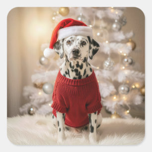 Adesivo Quadrado Dálmata de Natal em uma Suéter Vermelha