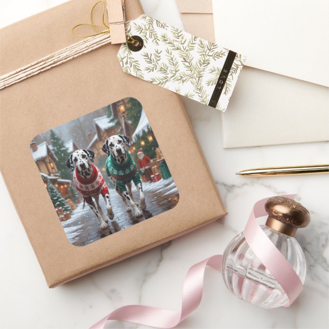 Adesivo Quadrado Dalmatian Dogs Christmas Snow Holiday  (Presentear)