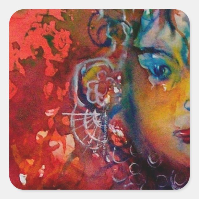 Adesivo Quadrado Dama do Lago Vermelho, Fantasia Vermelha (Frente)