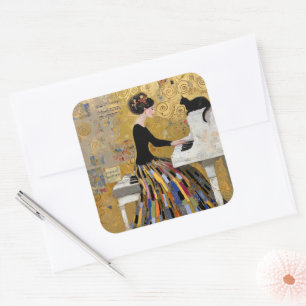 Adesivo Quadrado Dama do Piano Klimt Dourado com Gato Preto